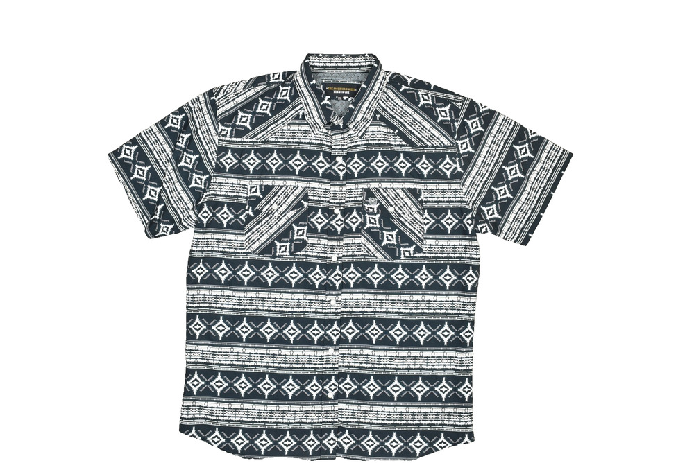 American West Men's Black White Geometric Button Down Short Sleeve Shirt Sz XL